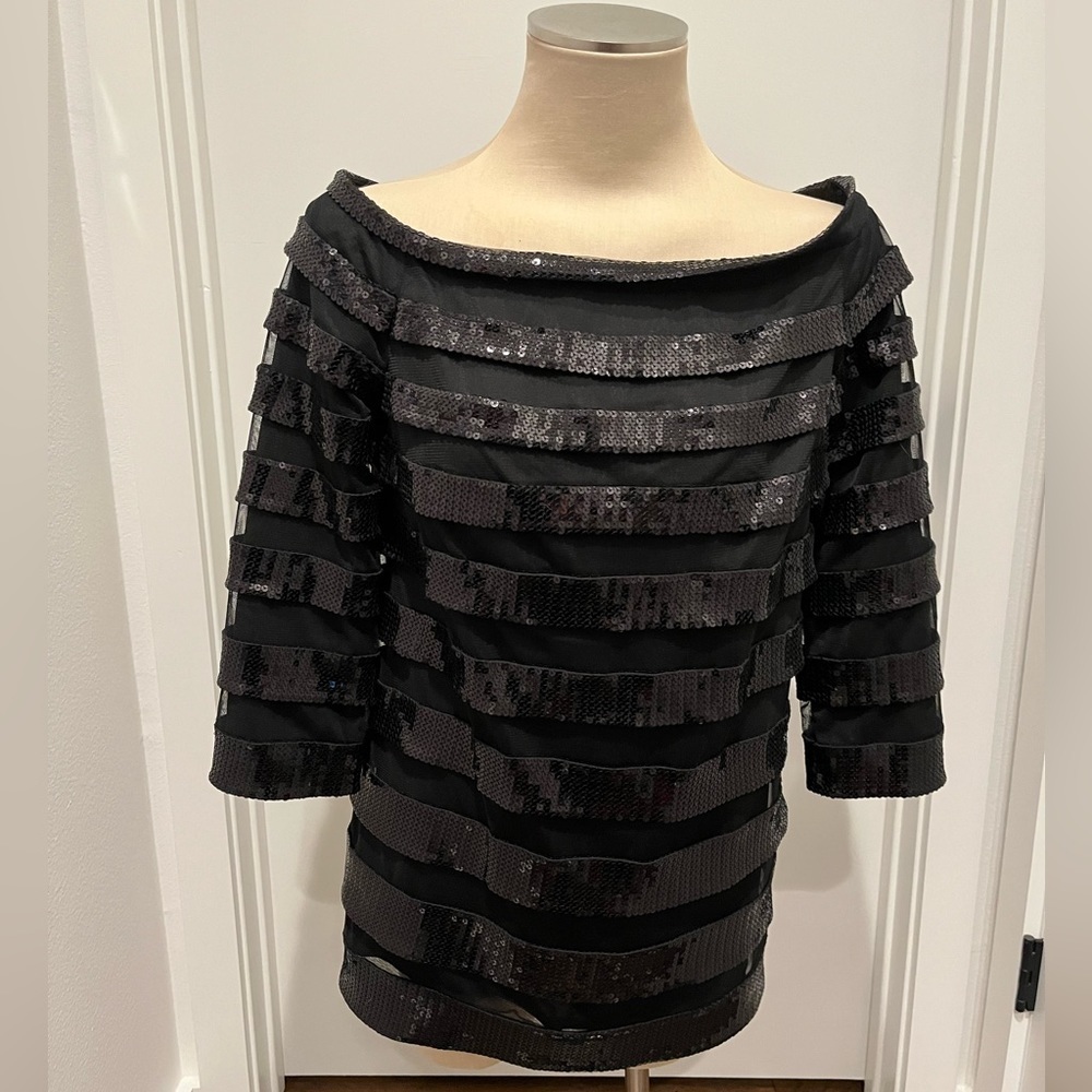 Tadashi Shoji Black Long-sleeve Blouse with Sequin Stripes